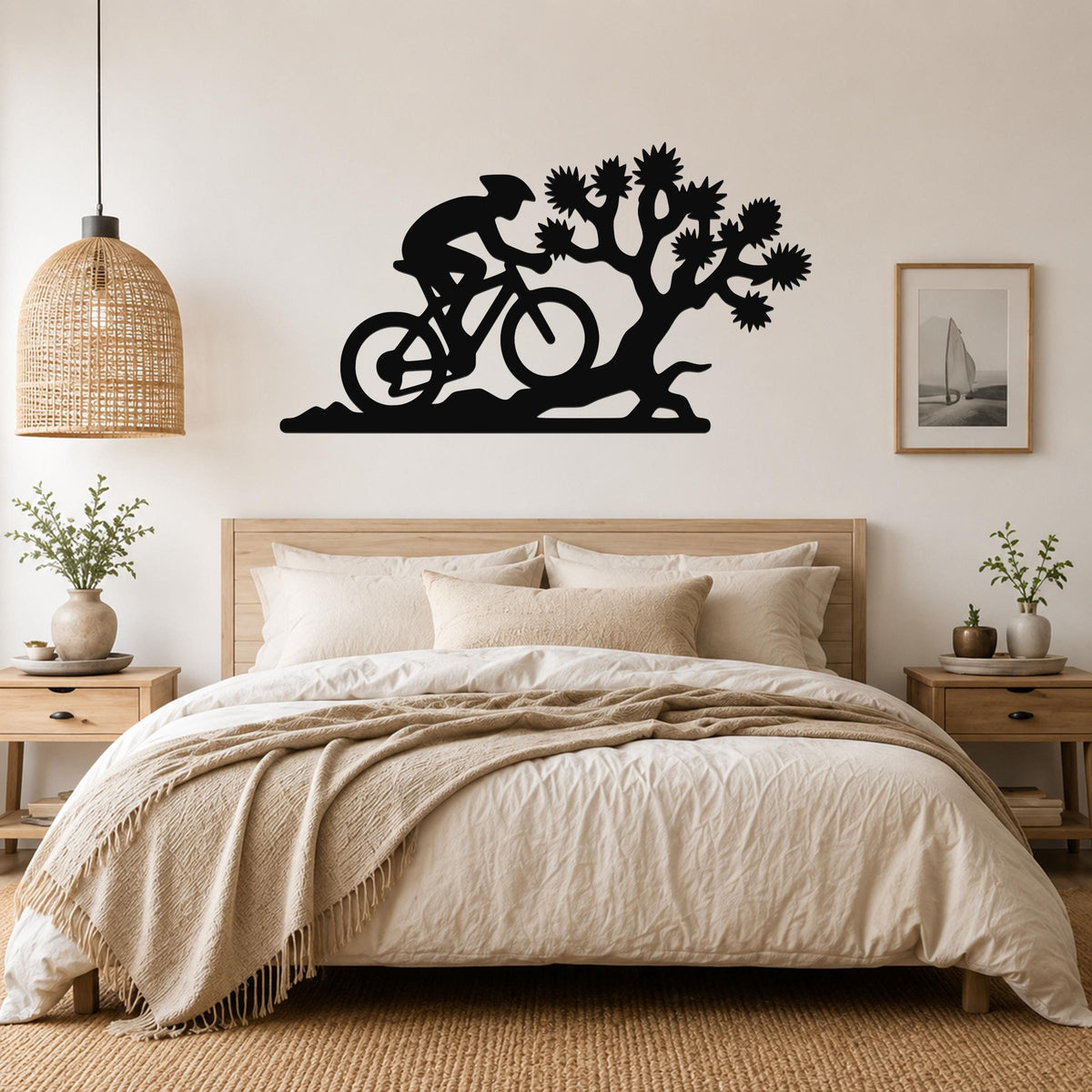 Black metal wall art silhouette of a cyclist riding past a Joshua tree, mounted above a bed in a bedroom.