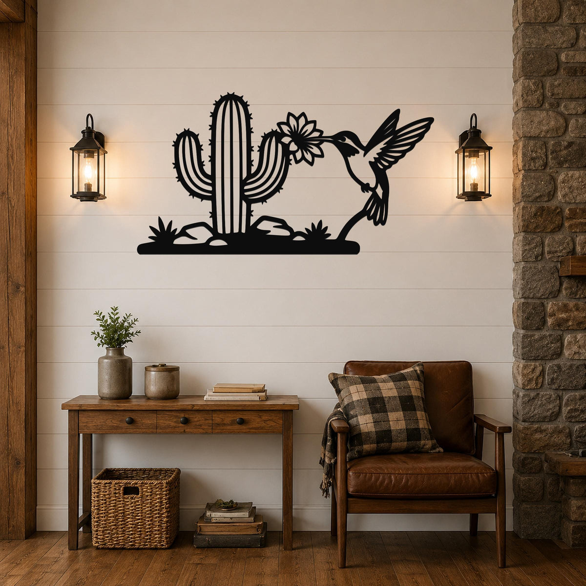 Metal Wall Art Desert Wildlife Sculpture - Sonoran Hummingbird with Saguaro Cactus, Weatherproof Steel, Indoor Outdoor Southwestern Decor