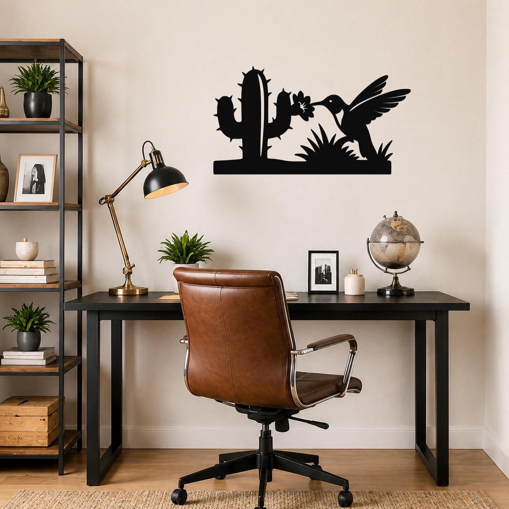 Southwestern Decor Metal Wall Art - Desert Wildlife Silhouette - Hummingbird and Saguaro Design, Steel, Indoor Outdoor Accent