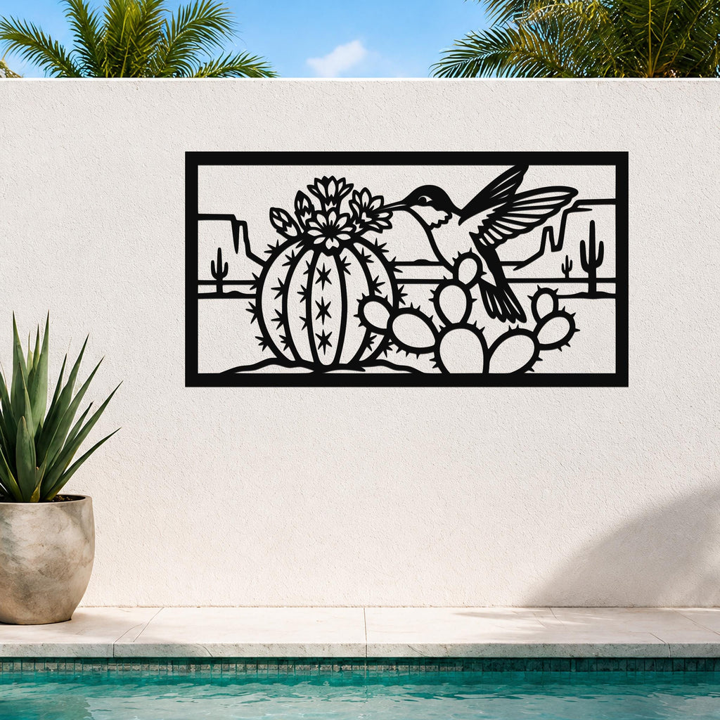 Desert Wildlife Art Metal Bird Sculpture: Southwest Botanical Scene, Weatherproof Metal (Indoor Outdoor Use, Nature Inspired Wall Decor)