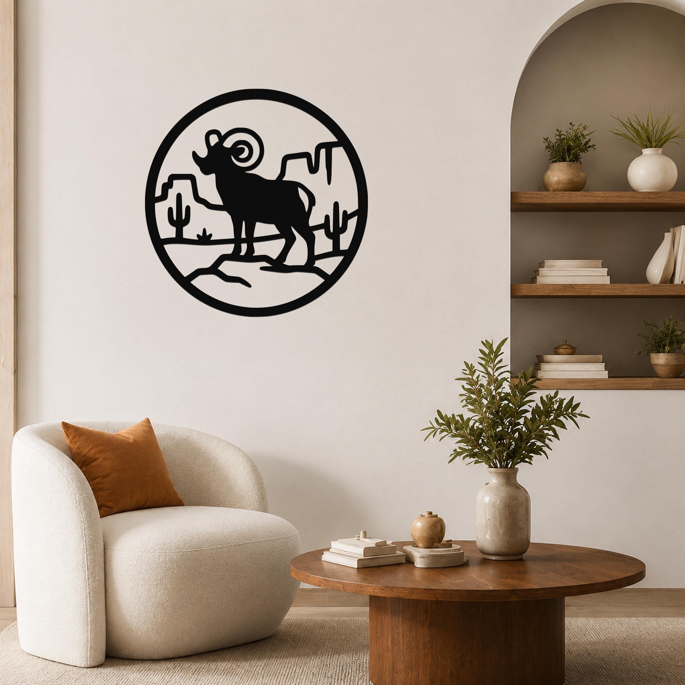 Bighorn Sheep Metal Wall Art - Western Wildlife Decor, Curled Horns Design - Weatherproof Steel, Indoor Outdoor Accent
