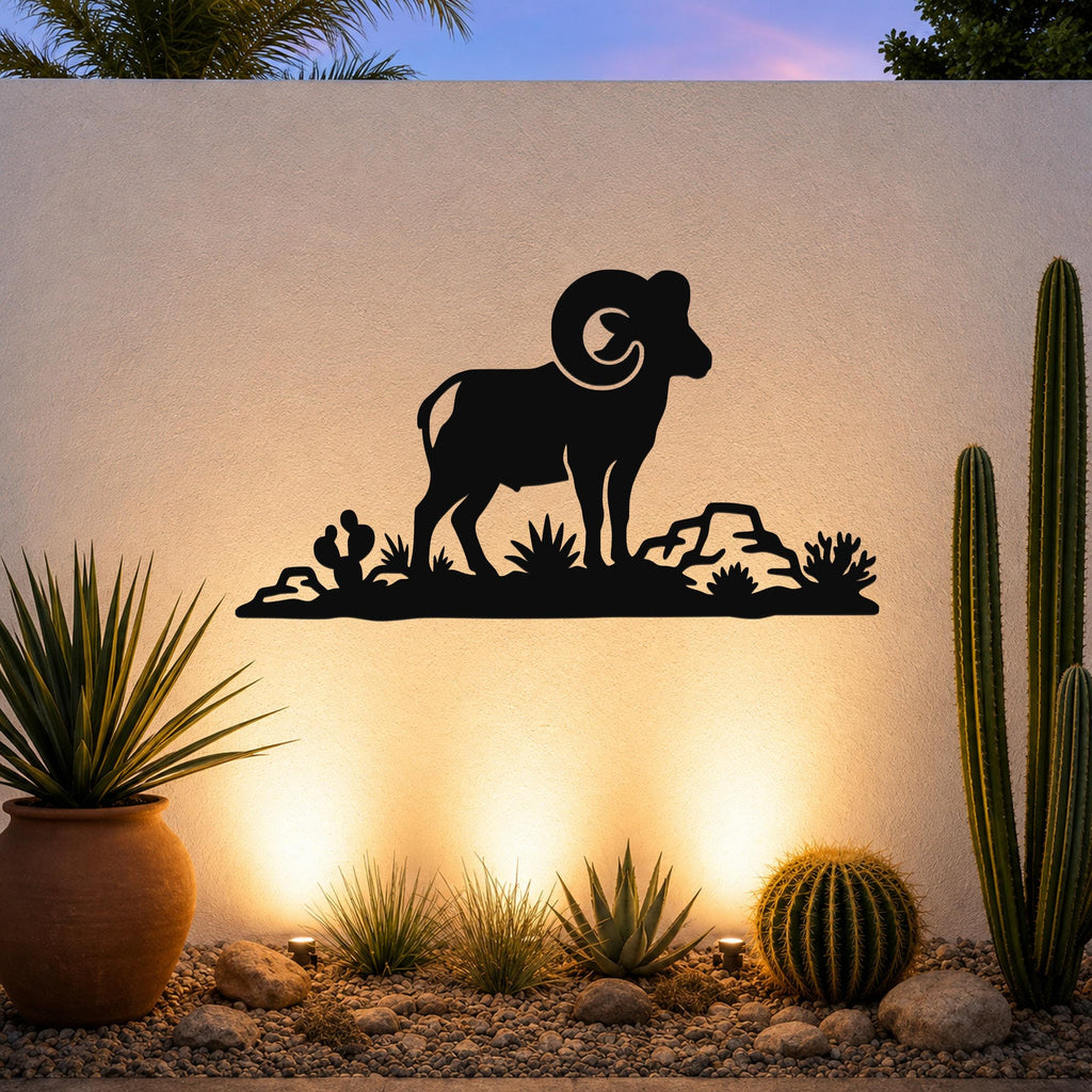 Desert Bighorn Sheep Metal Wall Art - Western Rustic Sculpture - Weatherproof Steel, Indoor Outdoor Accent, Mountain Inspired