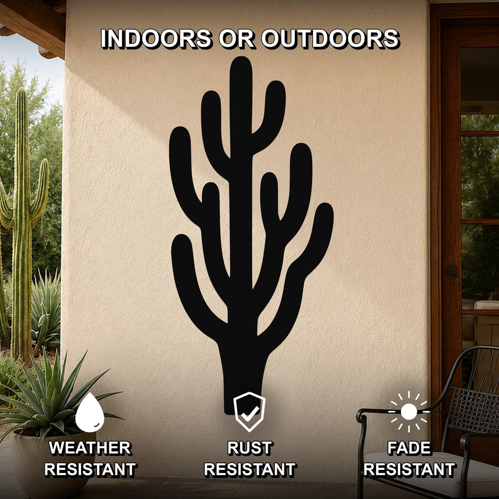 Black metal saguaro cactus wall art with branching cutouts, mounted on an outdoor patio wall, weather, rust, and fade resistant.