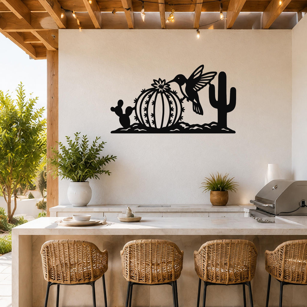 Southwestern Decor Metal Wall Art - Desert Wildlife Sculpture Hummingbird And Barrel Cactus, Weatherproof, Indoor Outdoor Accent