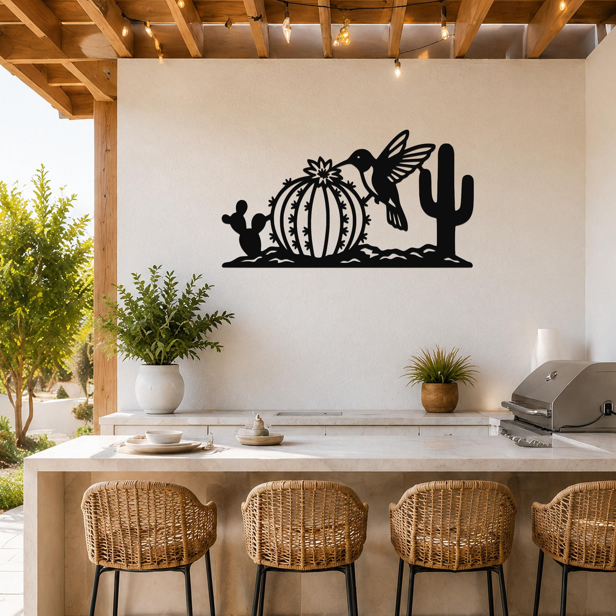 Southwestern Decor Metal Wall Art - Desert Wildlife Sculpture Hummingbird And Barrel Cactus, Weatherproof, Indoor Outdoor Accent