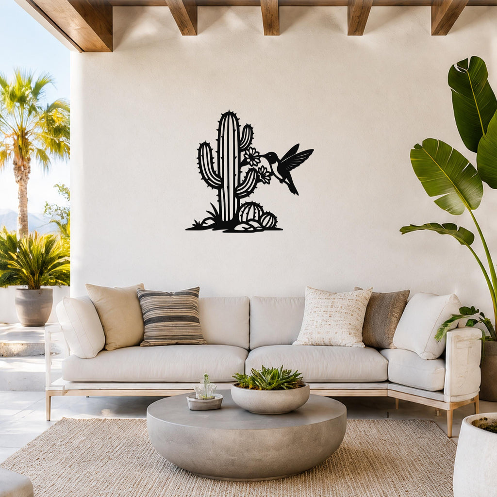 Southwestern Decor Metal Wall Art - Sonoran Desert Scene with Layered Cactus and Hummingbird - Weatherproof Steel, Indoor Outdoor Display