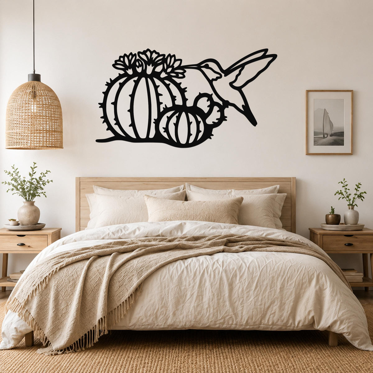 Black metal wall art featuring a hummingbird and barrel cactus with flower cutouts, mounted above a bed in a neutral bedroom.