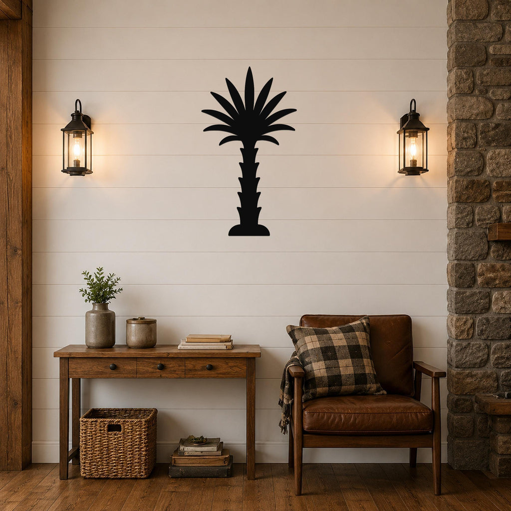 Black metal palm tree wall art silhouette mounted on a shiplap wall above a wooden console table in a living room.