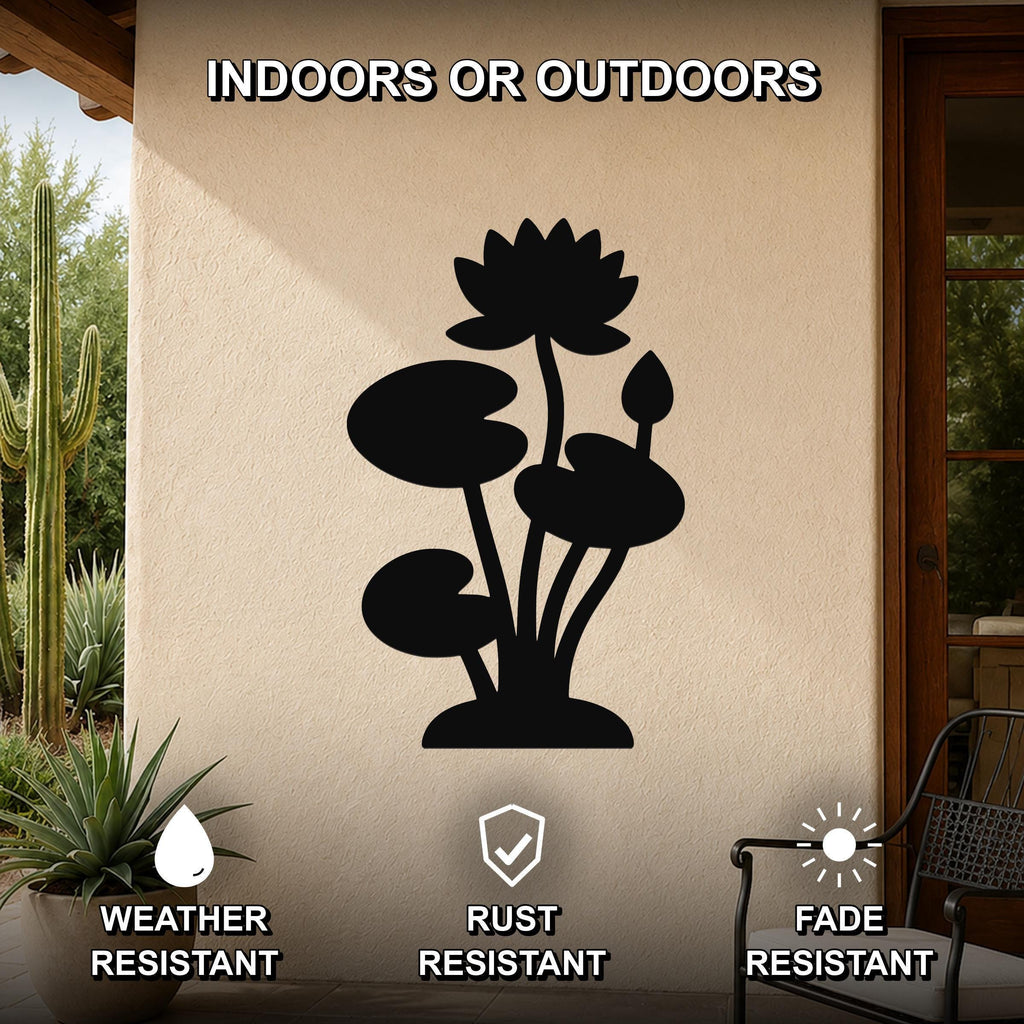 Black metal lotus water lily wall art with flower and leaf cutouts, mounted on an outdoor patio wall.