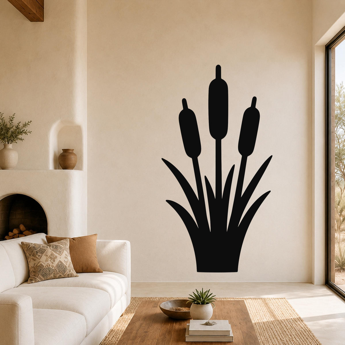 Black metal cattail wall art with three seed heads and leaf cutouts, mounted on a living room wall above a sofa.