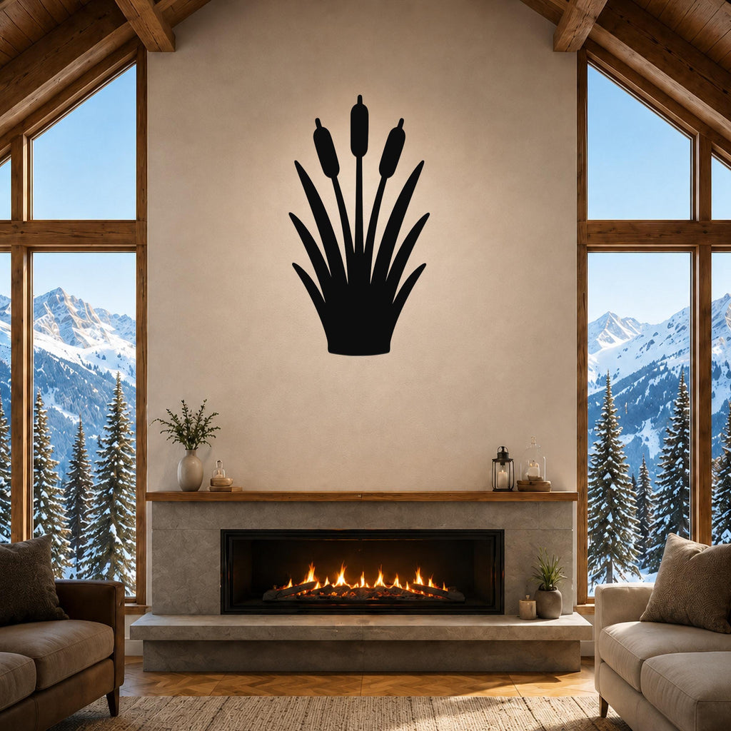 Black metal cattail wall art silhouette mounted above a fireplace in a living room with large windows and mountain views.