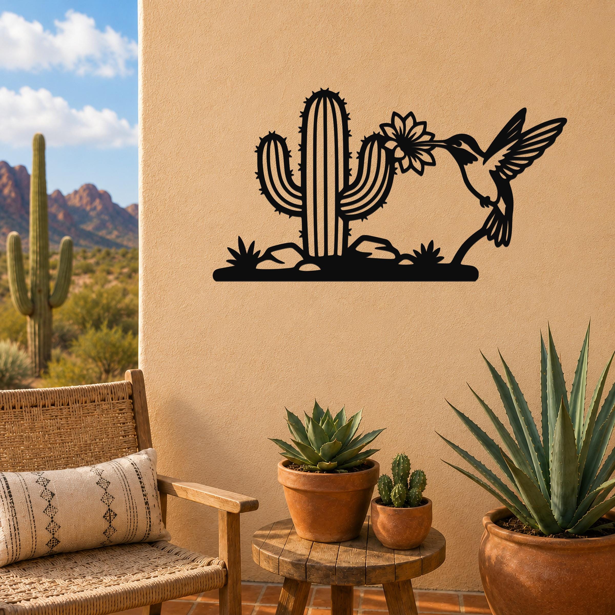 Metal Wall Art Desert Wildlife Sculpture - Sonoran Hummingbird with Saguaro Cactus, Weatherproof Steel, Indoor Outdoor Southwestern Decor