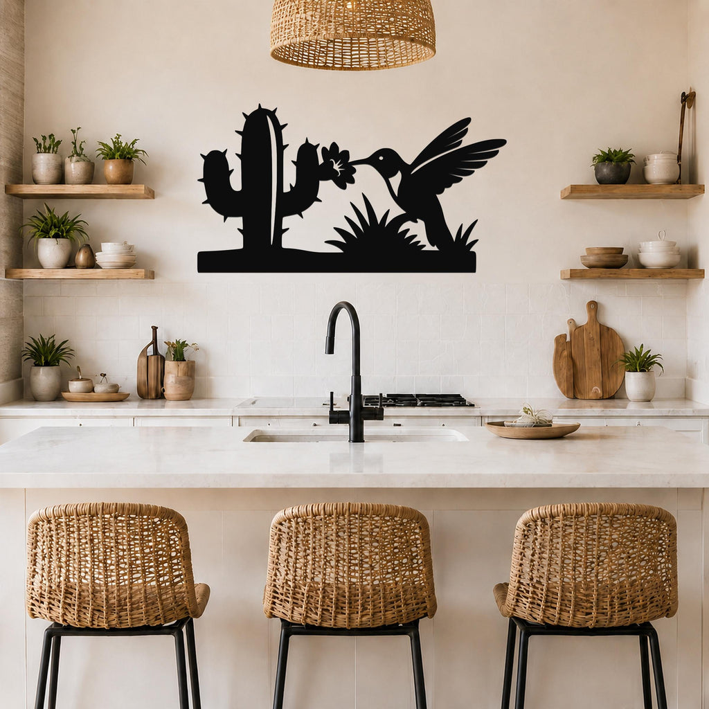 Southwestern Decor Metal Wall Art - Desert Wildlife Silhouette - Hummingbird and Saguaro Design, Steel, Indoor Outdoor Accent