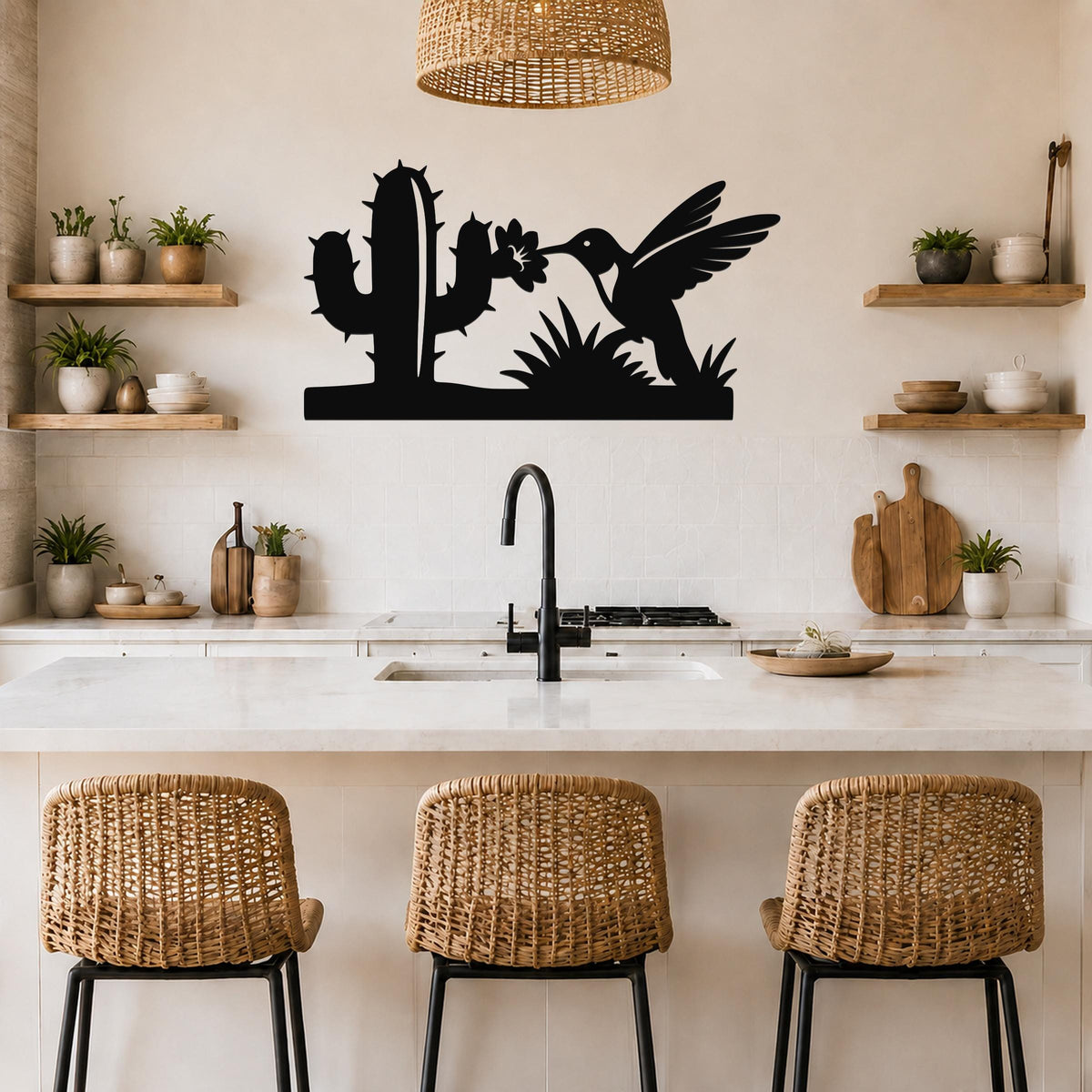 Southwestern Decor Metal Wall Art - Desert Wildlife Silhouette - Hummingbird and Saguaro Design, Steel, Indoor Outdoor Accent