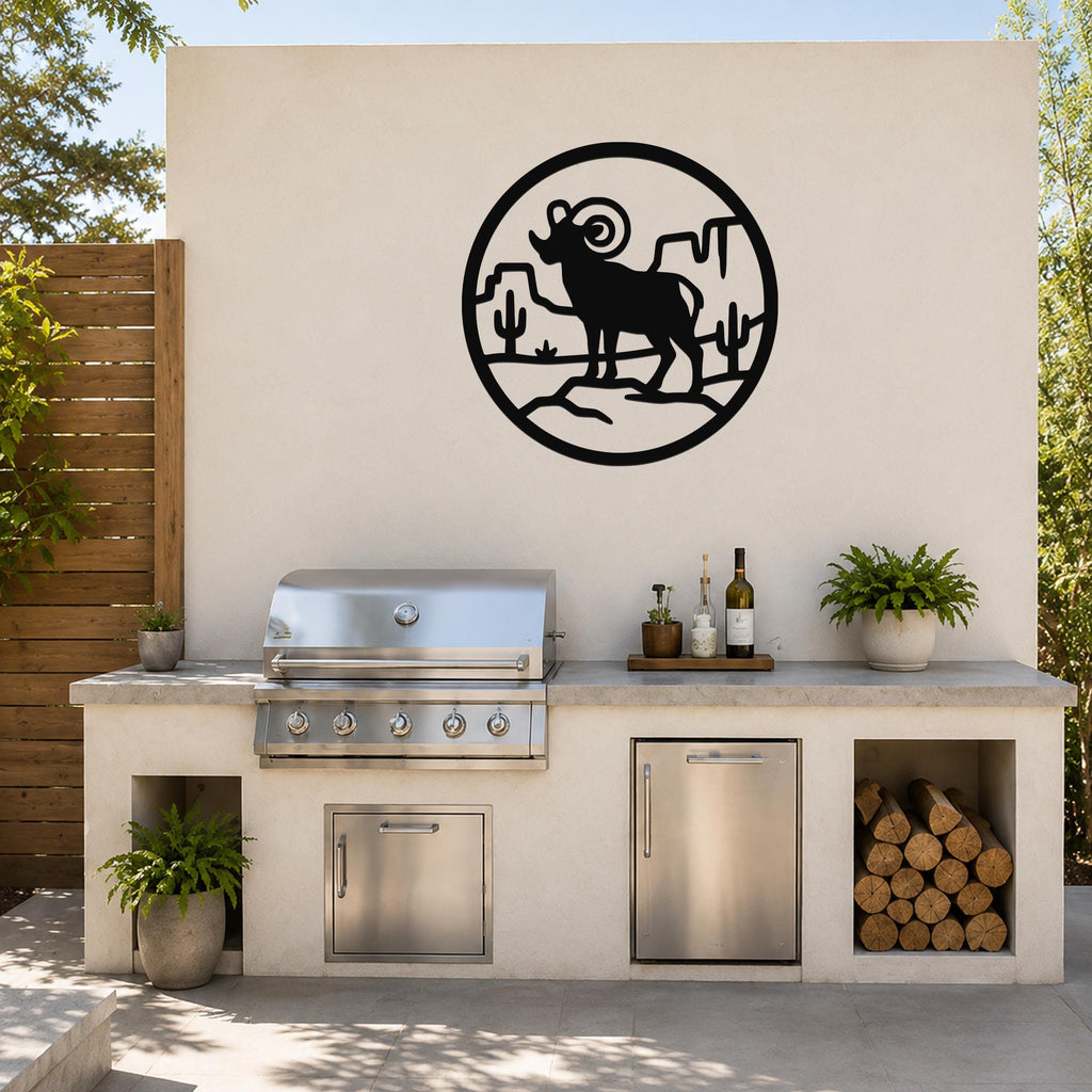 Bighorn Sheep Metal Wall Art - Western Wildlife Decor, Curled Horns Design - Weatherproof Steel, Indoor Outdoor Accent