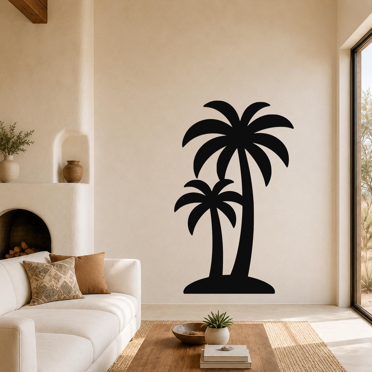 Black metal wall art featuring a silhouette of two palm trees, mounted on a living room wall above a sofa.