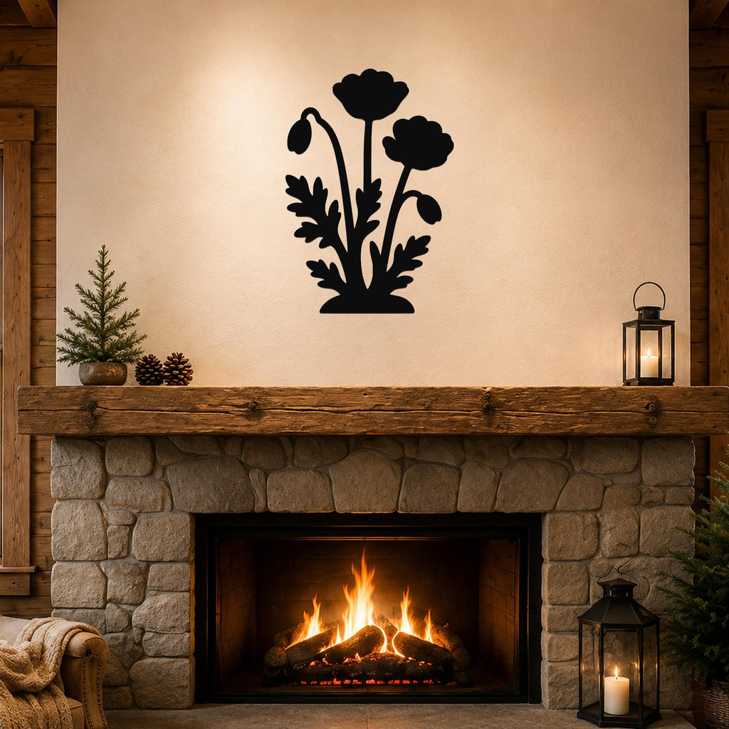 Black metal poppy wall art with leaf and flower cutouts, mounted above a stone fireplace in a rustic living room.