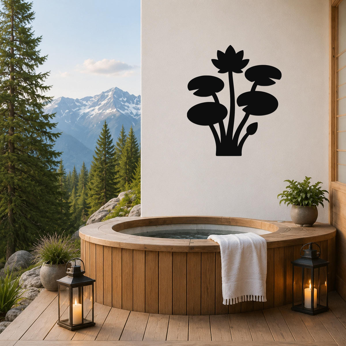 Black metal lotus water lily wall art with flower and leaf cutouts, mounted on a white wall above a wooden hot tub on a mountain-view patio.