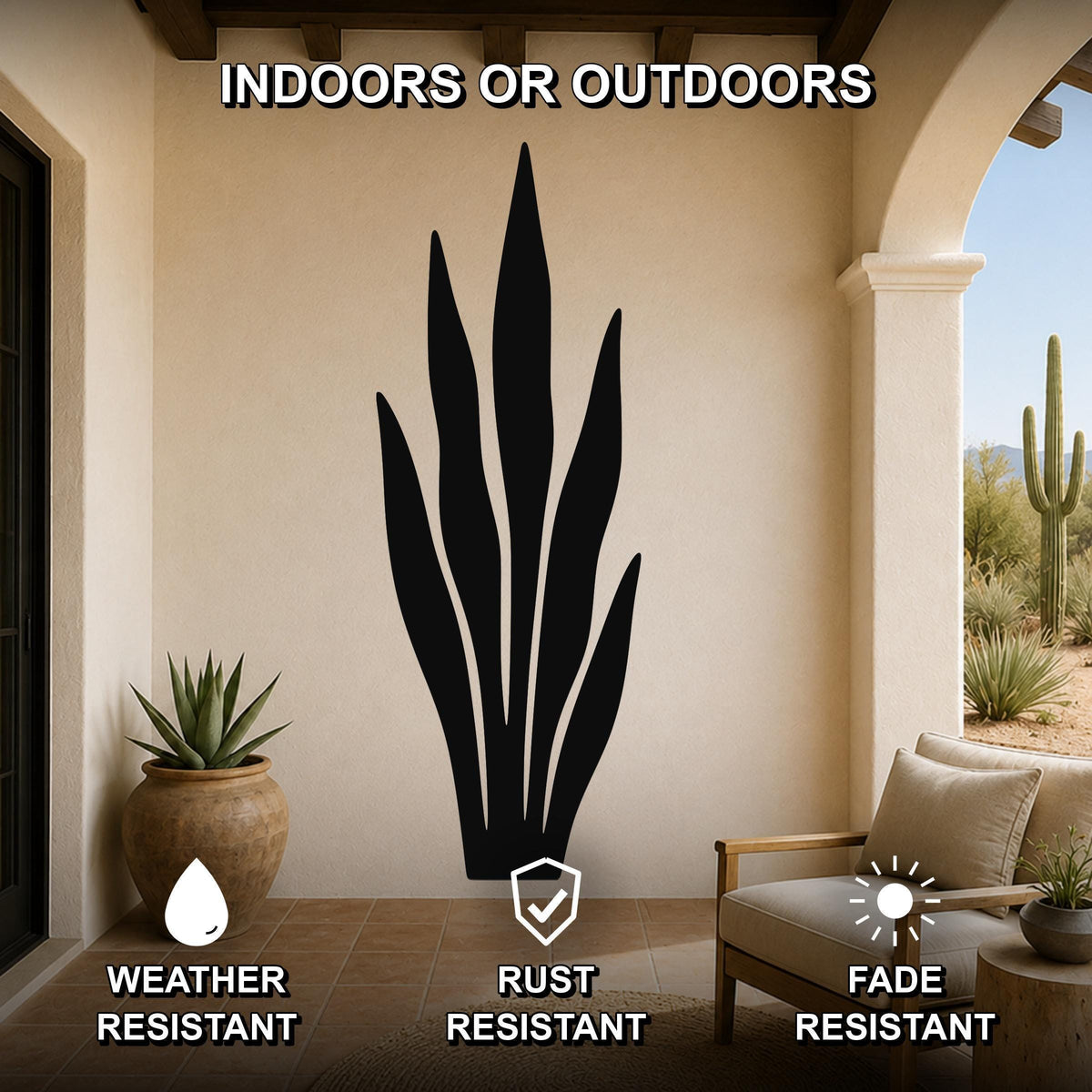 Black metal snake plant wall art silhouette mounted on a beige outdoor patio wall, with visible weather, rust, and fade resistance icons.