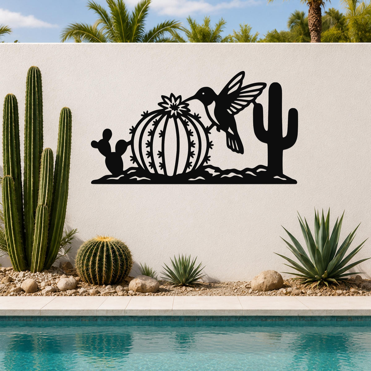 Southwestern Decor Metal Wall Art - Desert Wildlife Sculpture Hummingbird And Barrel Cactus, Weatherproof, Indoor Outdoor Accent