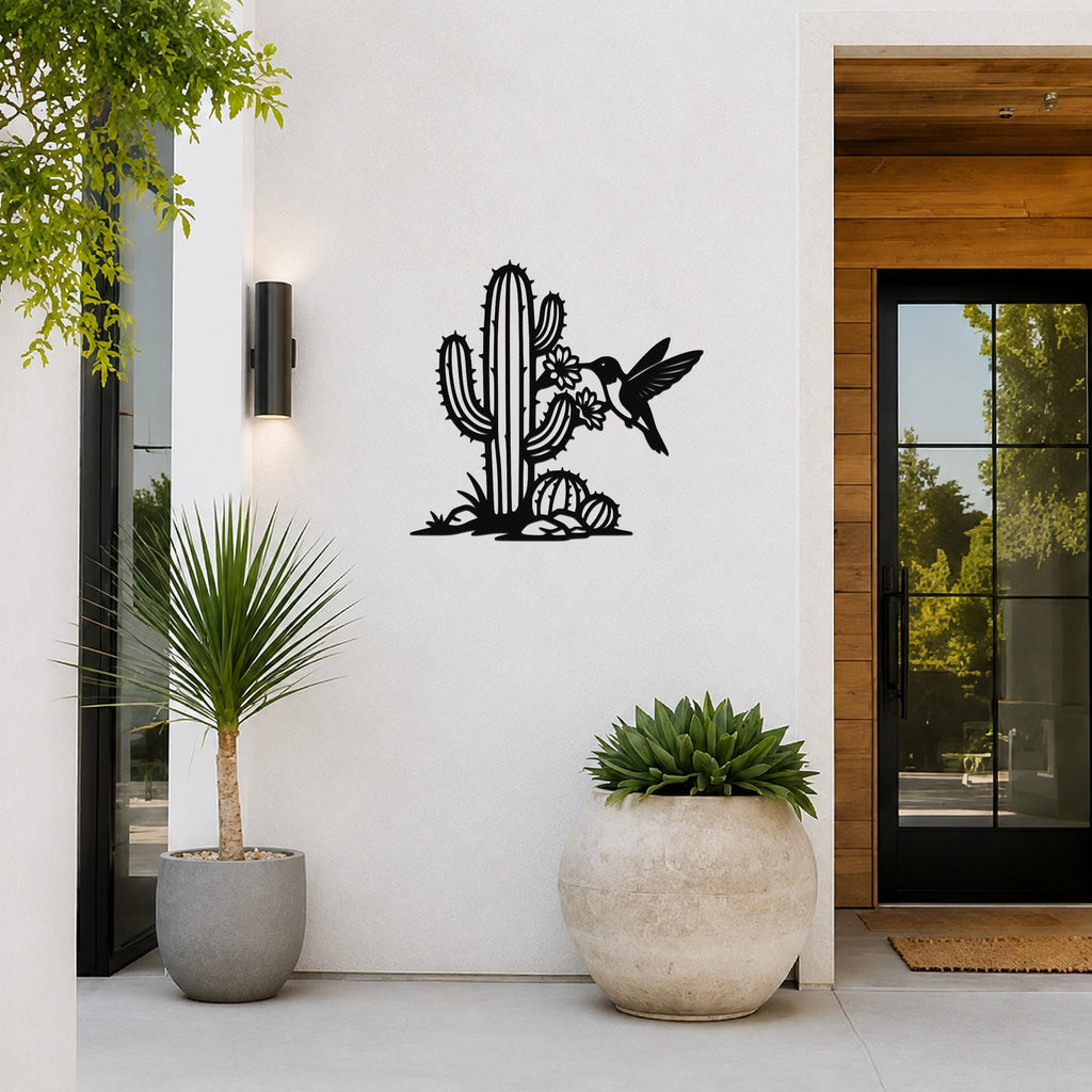 Southwestern Decor Metal Wall Art - Sonoran Desert Scene with Layered Cactus and Hummingbird - Weatherproof Steel, Indoor Outdoor Display