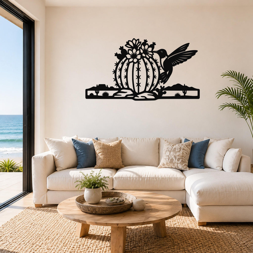 Barrel Cactus Metal Wall Art Desert Life Sculpture, Hummingbird Detail (Weatherproof Steel, Indoor Outdoor, Southwestern Style)
