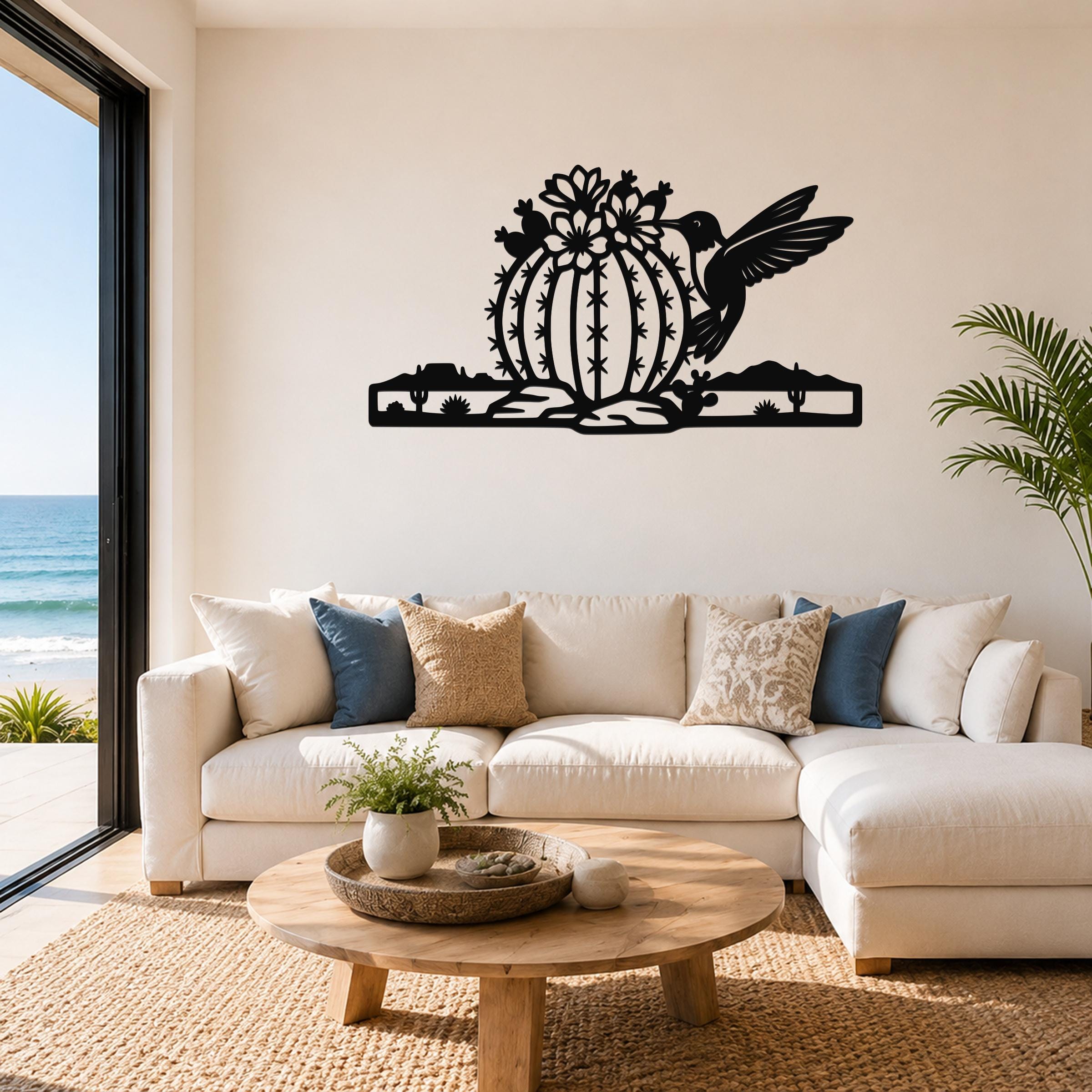 Barrel Cactus Metal Wall Art Desert Life Sculpture, Hummingbird Detail (Weatherproof Steel, Indoor Outdoor, Southwestern Style)