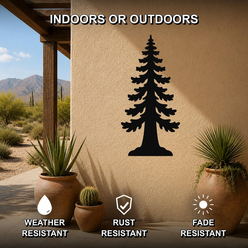 Black metal sequoia tree wall art with detailed branch cutouts, mounted on an outdoor patio wall beside potted plants.
