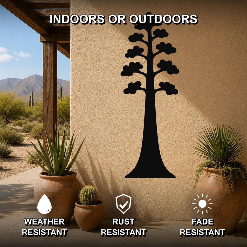 Black metal sequoia tree wall art with branch and leaf cutouts, mounted on an outdoor patio wall above potted plants.