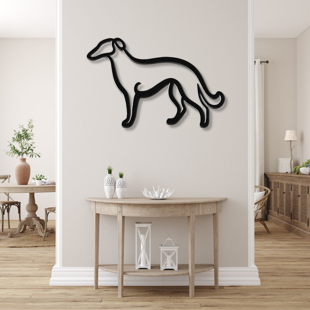 Borzoi Dog Metal Wall Art: Graceful Sighthound Silhouette, Modern Minimalist Decor (Powder-Coated Steel, Weatherproof)