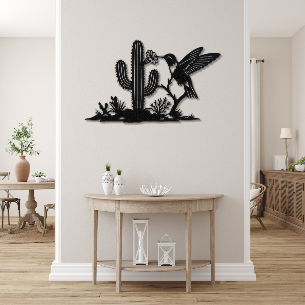 Décoration murale en métal Colibri et Saguaro