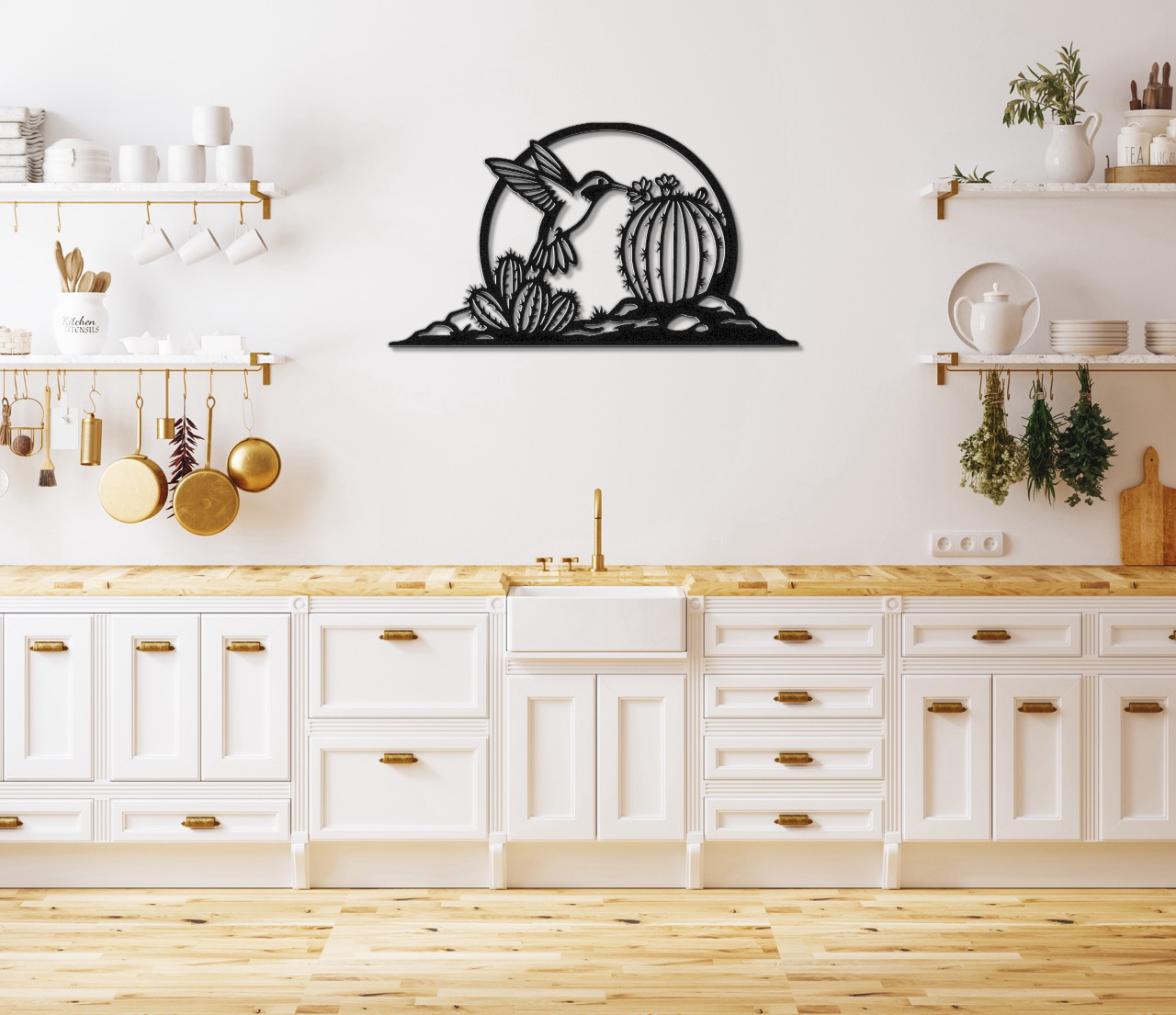 Barrel Cactus Metal Wall Art Desert Scene, Hummingbird Silhouette (Weatherproof Steel, Indoor Outdoor, Southwest Style)