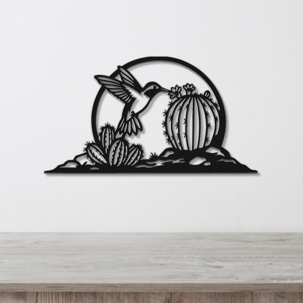 Barrel Cactus Metal Wall Art Desert Scene, Hummingbird Silhouette (Weatherproof Steel, Indoor Outdoor, Southwest Style)