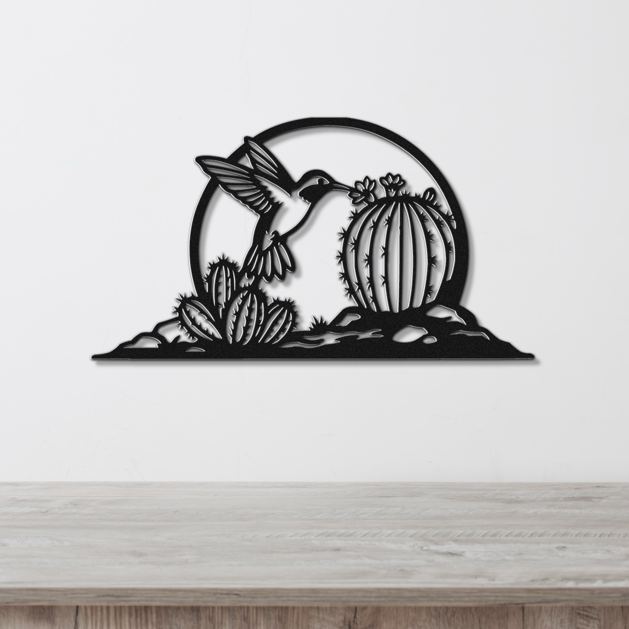 Barrel Cactus Metal Wall Art Desert Scene, Hummingbird Silhouette (Weatherproof Steel, Indoor Outdoor, Southwest Style)