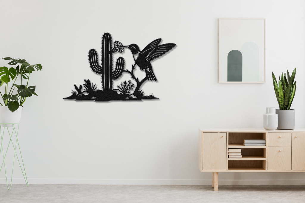 Décoration murale en métal Colibri et Saguaro